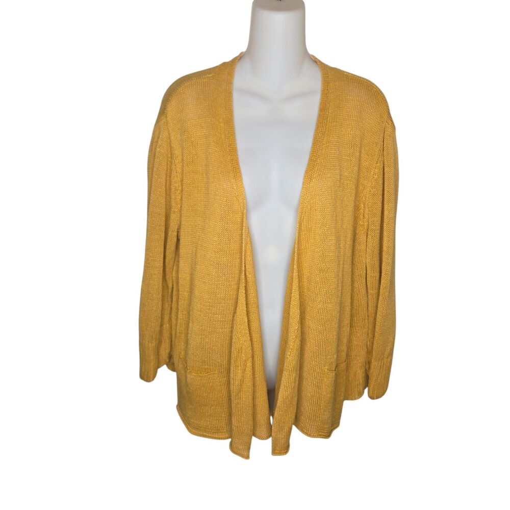 Eileen Fisher 100% Hemp Knit Cardigan – Mustard Yellow – Open Front Boho – M